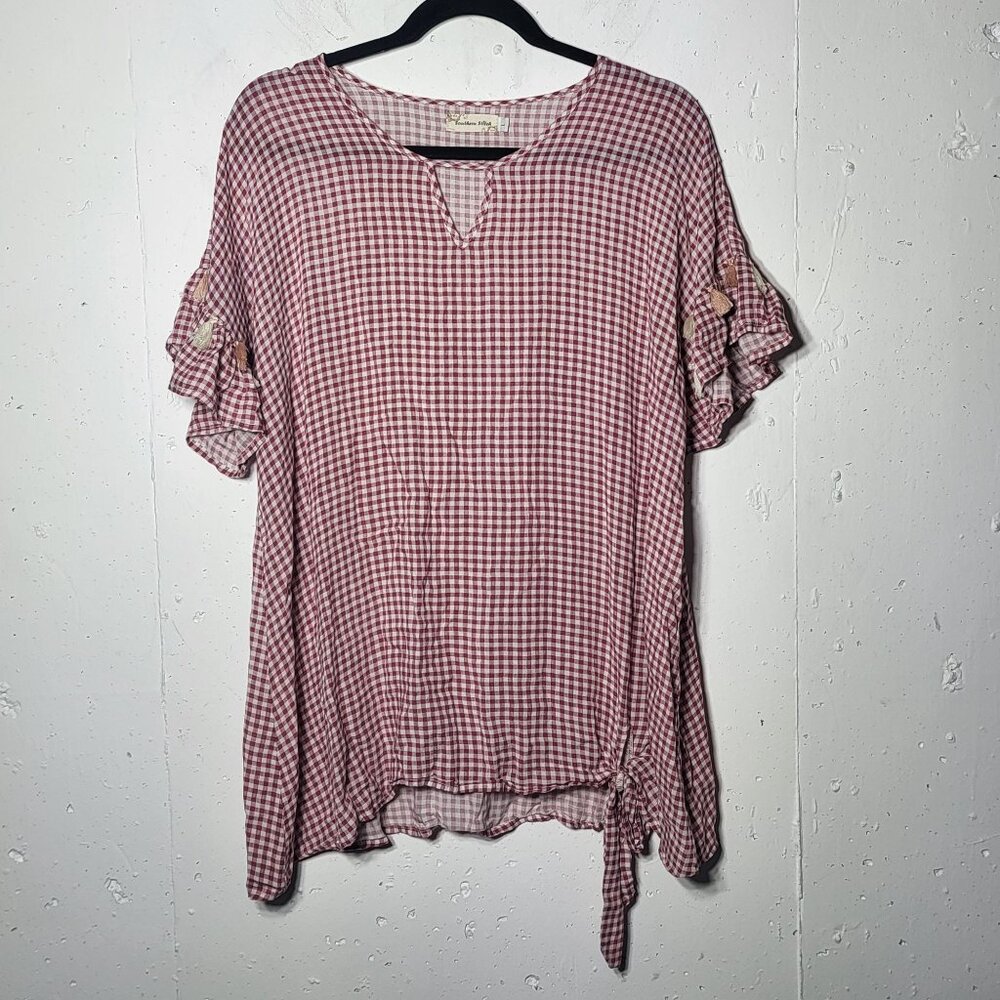 Southern Stitch Womens Red Gingham Plaid‎ Tassel Ruffle Sleeve Blouse Size Large